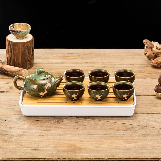 TJ Global Chinese/Japanese Ceramic Tea Set, 100% Handmade Traditional Tea Ceremony Set with Teapots, 6 Teacups, Bamboo Tea Tray with Drainage (Green)