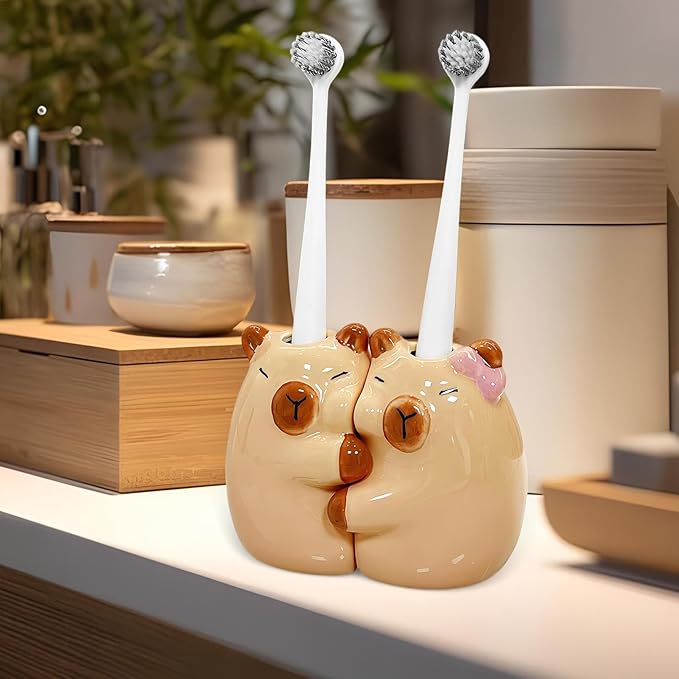 Toothbrush Holder - Creative Ceramic Hugging Capybara Brush Stand, Anti-Slip Cute Toothbrush Rack | Cartoon Capybara Pencil Container, Space-Saving Animal Holder for Vanity, Restroom, Desk