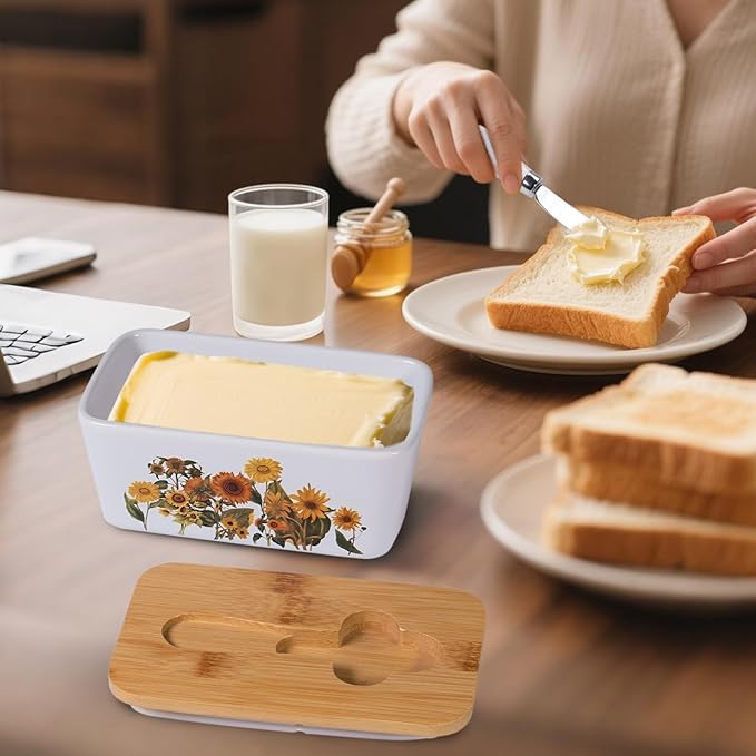 Sunflower Butter Dish with Lid,Large Butter Crock Keeper Saver,Ceramic Butter Container for Countertop with Highly Sealed Silicone Thick Wooden Lid for Kitchen Farmhouse Decor (White, Sunflower)