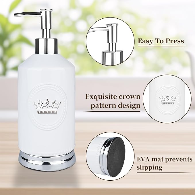 Bathroom Accessory Set, 4 Pcs Ceramic Sets with Crown Motif, Toothbrush Holder, Soap Dispenser, Soap Dish, Tumbler Cup, Modern Bathroom Sink Set Vanity Countertop Decor, White and Silver