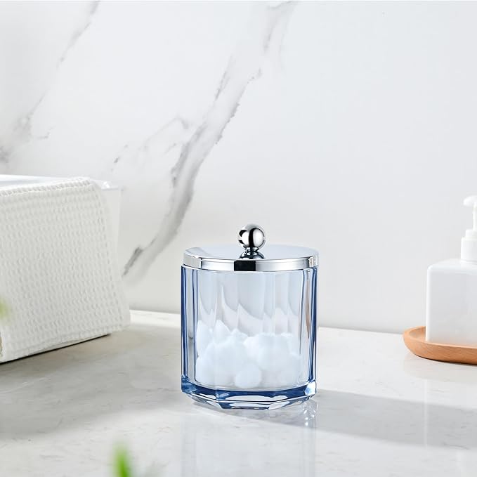 Light Blue Translucent Apothecary Octagional Shaped Glass Canister Jar With Metal Lid Cover for Bathroom Organization, Cotton Balls, Q Tips, and Small Accessories, Bathroom Storage