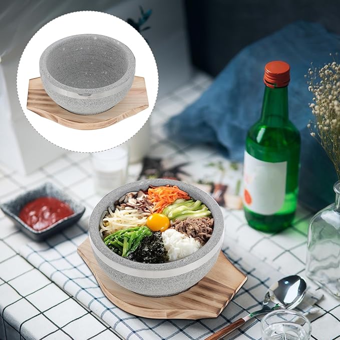 Zerodeko Bibimbap Bowl: Korean Stone Pot with Wood Base - Decorative Stone Bowl - Cooking Utensils for Home Restaurants Korean Soup Food Rice Stew