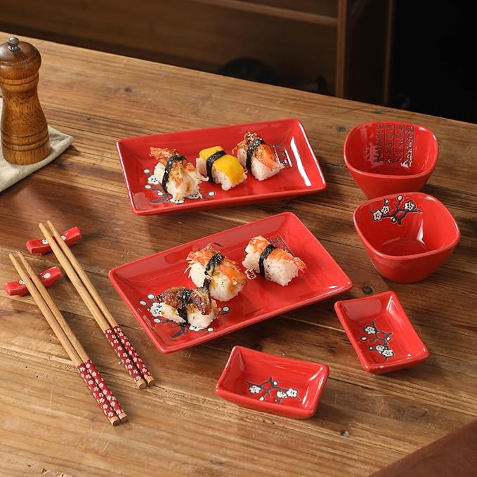 10 pcs Japanese Sushi Plate Sets Serving Platters and Trays for Entertaining Sushi Dishes Set Plates Sushi Plates Traditional Cuisine Dinnerware Sets with Chopsticks Red Plum
