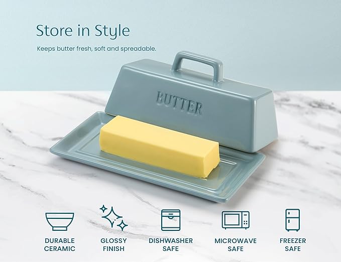 Butter Dish with Lid for Countertop, by Kook, Ceramic Dish Tray with Cover, Kitchen Keeper, Container, Holder (Casper Blue)