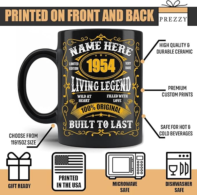 PREZZY Personalized 69th Birthday Coffee Mug Vintage 1954 Limited Edition Mug Black 11oz 15oz