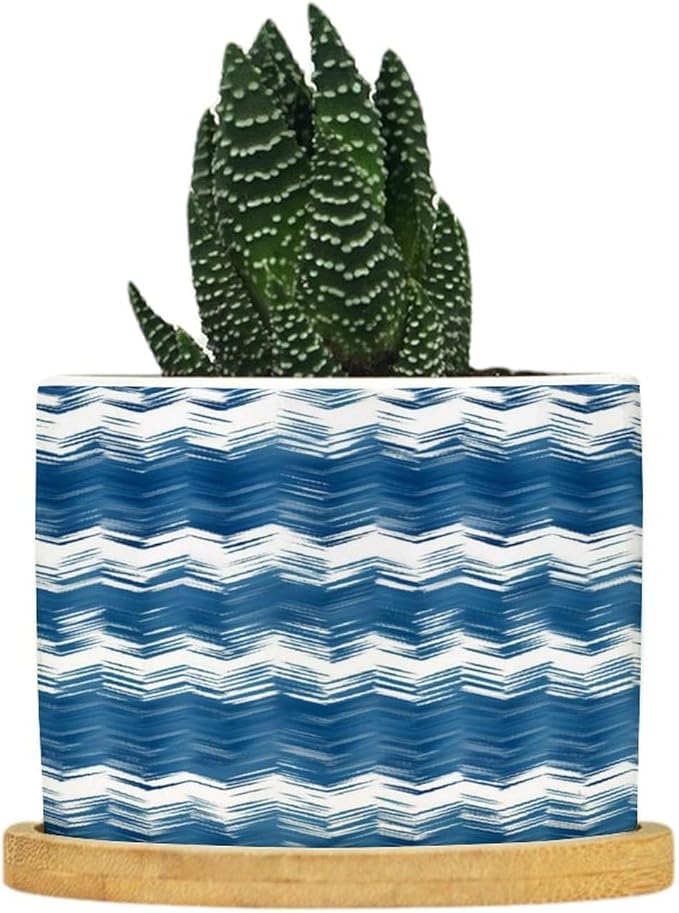 DreamAutumn Ikat Style Zag Pattern Blue Ceramic Pots for Plants with Drainage Holes Round Flower Pot Bamboo Tray Orchid Pot Succulents Pots for Outdoor Indoor Plants,Housewarming Gifts