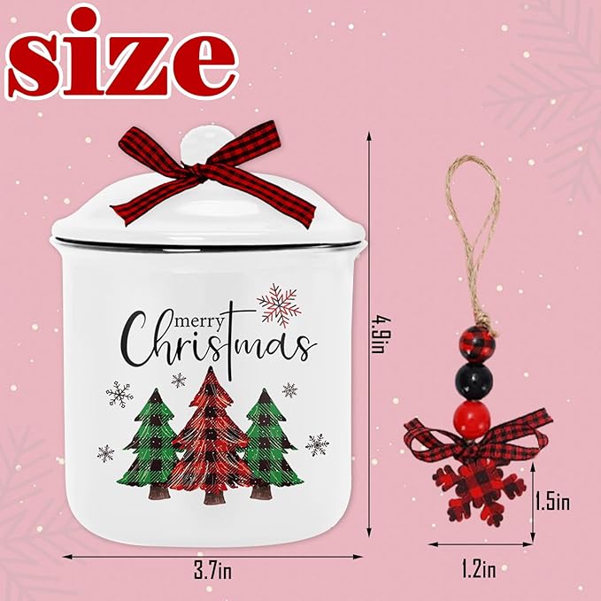 Whaline 2Pcs Christmas Mini Ceramic Canister Red Green Plaid Xmas Tree Truck Snowflake Mini Jar Holiday Candy Holder with Lid Bow for Xmas Winter Home Decor Storage Accessory