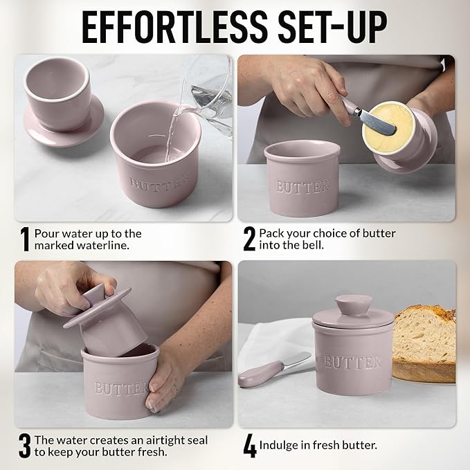 Zulay Kitchen Bell Shaped Butter Crock with Lid for Countertop with Water Line & Spreader Knife, Ceramic French Butter Dish Keeper For Fresh, Soft & Spreadable Butter - Violet Dusk