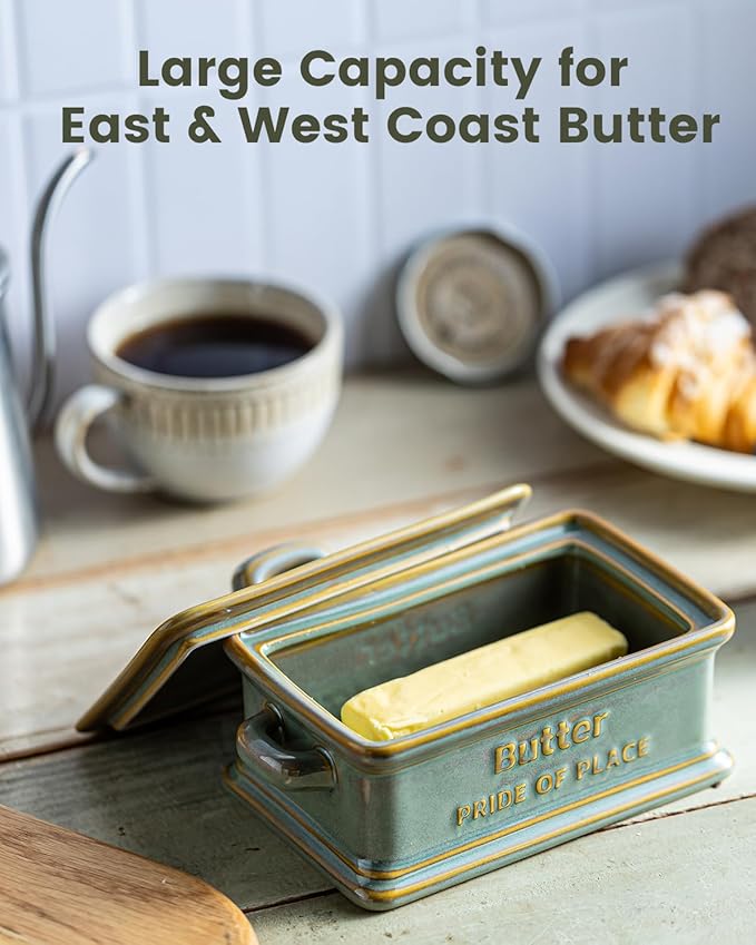 Butter Dish with Lid, Ceramic Butter Holder Container Large Butter Dish for Countertop Farmhouse Decor for Mother's Day, Butter Keeper for East West Coast Butter, Green
