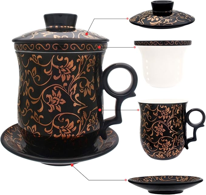 Porcelain Tea Cup with Infuser Lid and Saucer Sets - Chinese Jingdezhen Ceramics Coffee Mug Teacup Loose Leaf Tea Brewing System for Home Office