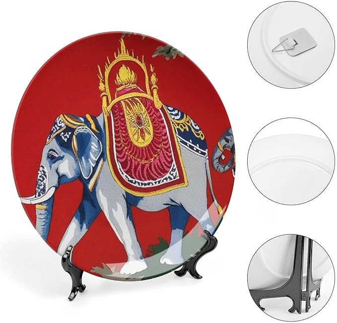 Home Decorations Vintage Plates, Thibaut Elephant French Toile in Red Customize Christmas Gifts Ceramic Dinner Plates for Kitchen Wall Housewarming Gifts Decor, with 1 Display Stand