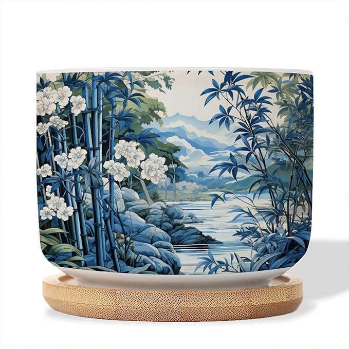 Blue and White Asian Scenery Ceramics Plant Pot Set of 5 Blue Bamboo and Flower Cactus Planter for Indoor with Drainage Holes Asian Scenery Chinoiserie Small Ceramics Pots for Plants