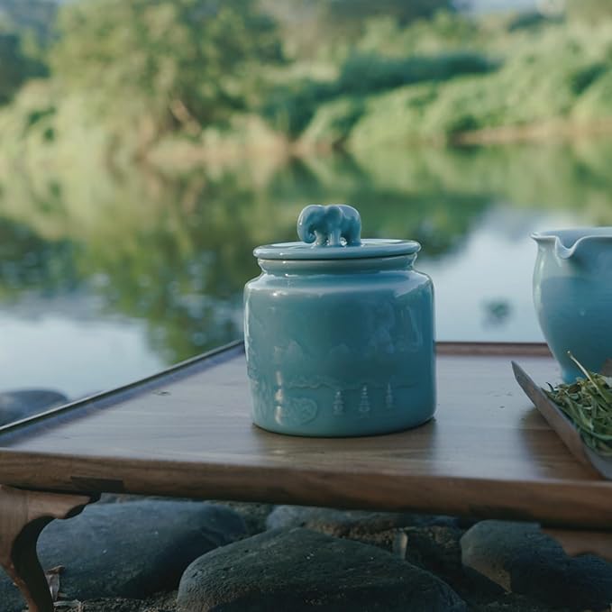 Sage Green Ceramic Storage Jar with Elephant Lid – Handmade Celadon Canister for Tea, Herbs & Spices, Airtight Jar for Kitchen, Feng Shui Gift & Home Décor