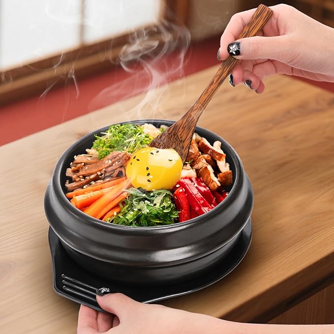 Korean Stone Bowl, Ceramic Korean Cooking Stone Pot Set with Tray, 37 Oz Dolsot Bibimbap Sizzling Hot Pot Soup Cookware for Korean Restaurants, Rice, Soup, Noodle