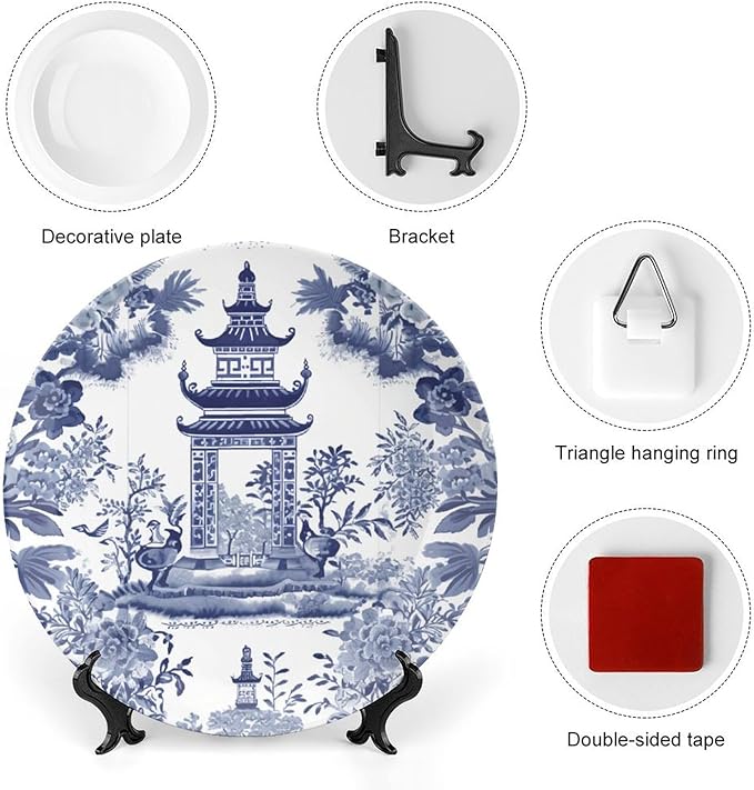 China Plates Chinoiserie Blue Asian Pagoda Customize Decor for Wedding Table Housewarming Gifts Display Wall Hanging Decorative Plate with Display Stand And Hook Up, Multi Sizes, Gifts for Men Women