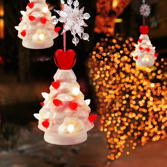 Leinuosen 6 Set Mini 4 Inch Ceramic Valentine's Day Tree Ornament with LED Lights Valentine Tree Hanging Light up Ornaments Pre Lit Hand Painted for Tabletop Home Table Holiday Decor (White, Heart)