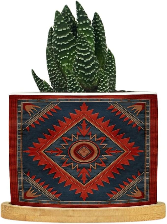 Planters Ceramic The Navajo in Red And Blue with A Blue Border Pattern Ceramic Pots with Drainage Holes Round Flowerpot Bamboo Tray Plant Pots for Succuelnt And Little Snake Plants Pots for Nana