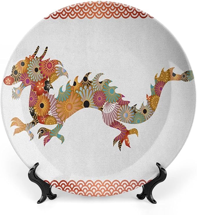 XISUNYA 7 Inch Decorative Plate, Dragon Porcelain Plate, Floral Ornamental Dragon Body Classic Japanese Wavy Print Ceramic Wall Hanging for Home & Office Wall Hanging Decor