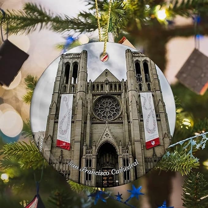 California San Francisco Cathedral USA America Christmas Ornaments for Tree Ceramic Pendant Double Sided Ornament Decor Xmas Gifts Porcelain Hanging Travel Souvenirs Birthday Gift for Family Son