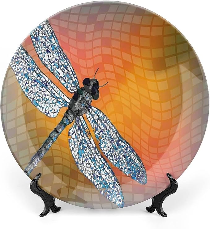 10 Inch Decorative Plate, Dragonfly Dinner Plate, Bird Like Bugs Flying on Orange Marigold Abstract Geometric Print Ceramic Wall Hanging for Fine Dining For Upscale Events, Dinner Parties, Weddings