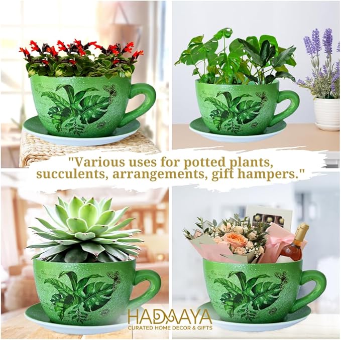 7.5" Ceramic Teacup Planter Pot with Saucer | Ideal for Succulents, Orchids, Herbs & Flowers, for St. Patrick's Day | Indoor & Outdoor Use Green - Palm Leaves