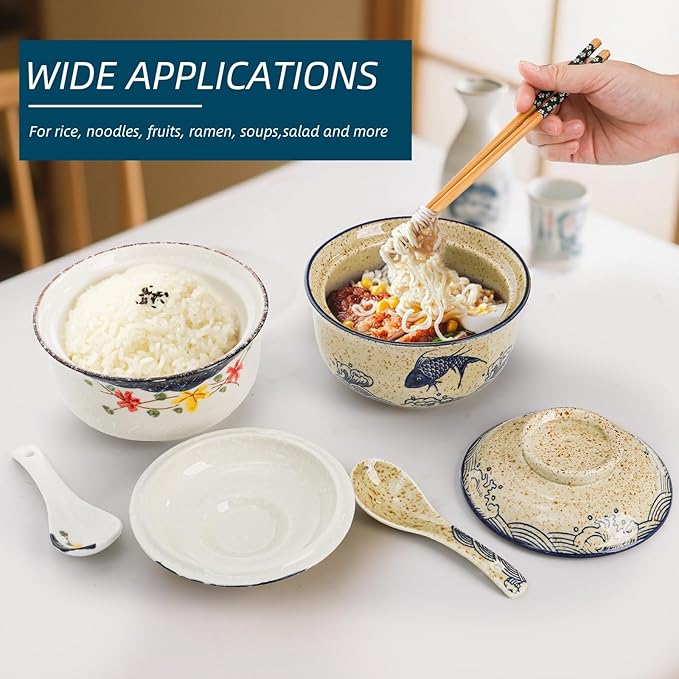 2 Pieces Ceramic Ramen Bowls, 25 Oz Large Soup Bowl with Lid, Spoon, Chopstick, Hand-painted Japanese Tableware for Noodles, Salad, Rice, Microwave Dishwasher safe