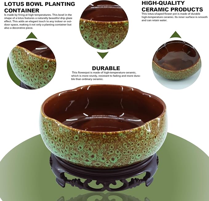 Lotus Bowl Planter，Decorative Ceramic Bowl Lotus for Water Plants with Black Stand, Green and Brown Glazed Finish