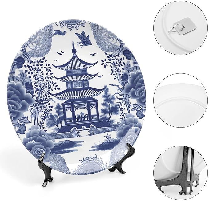Chinoiserie Blue Asian Pagoda Fashion Plates of 6", 7", 9", 10", Customize Ceramic Display Plate, Wall Office Decorations Farmhouse, Unique Art with Stand