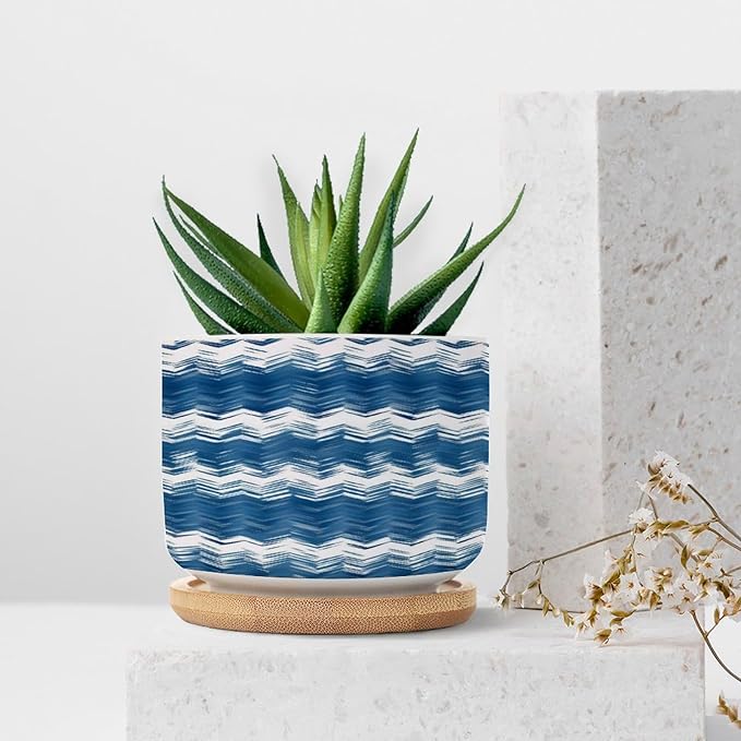 DreamAutumn Ikat Style Zag Pattern Blue Ceramic Pots for Plants with Drainage Holes Round Flower Pot Bamboo Tray Orchid Pot Succulents Pots for Outdoor Indoor Plants,Housewarming Gifts