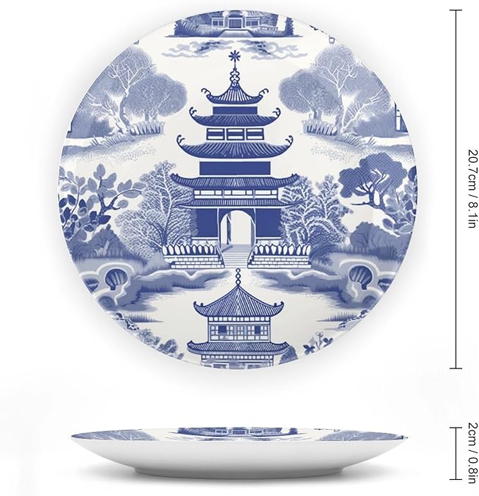 Chinoiserie Blue Asian Pagoda Decorative Plate of 6", 7", 9", 10", Personalized Hand Painted Wall Hanging Decor, Club Festival Decorations Household, Unique Art with Stand