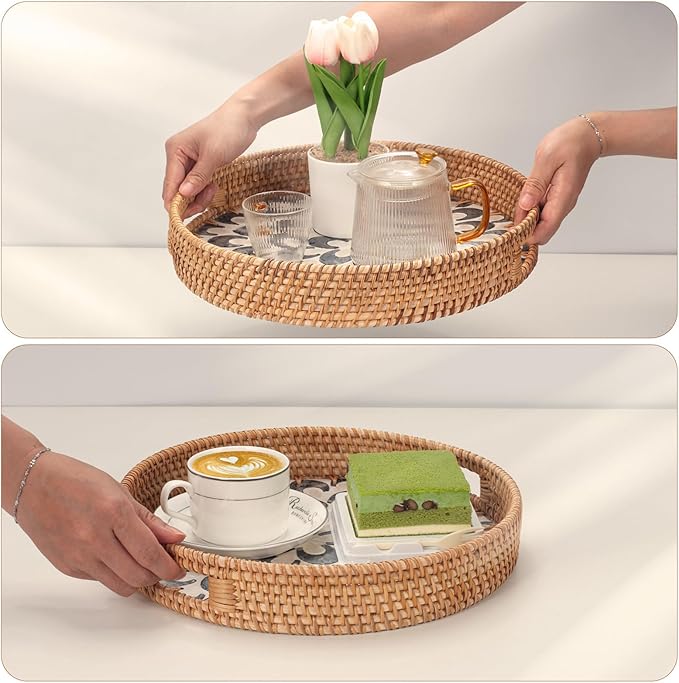 YANGQIHOME Round Serving Tray with Handle, Rattan Tray with Decorative Mother of Pearl Inlay, Round Wicker Trays for Home Decor, Coffee Table, Gifts, Dining,13.8 inch