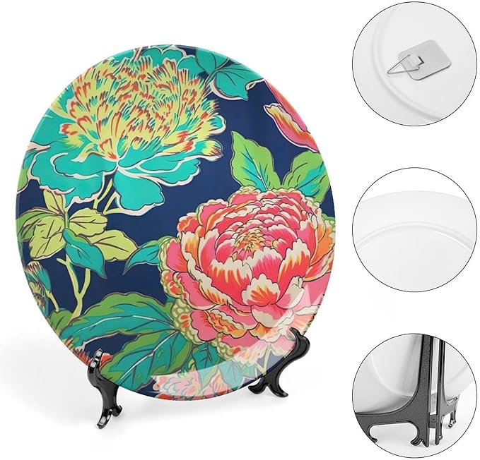 Navy Pink Chinoiserie Peony Floral Fashion Plates, Customize Chinoiserie Peony Floral Ceramic Hanging Decorative Plate, Festival Office Decorations Club, Including Bracket And Special Hook