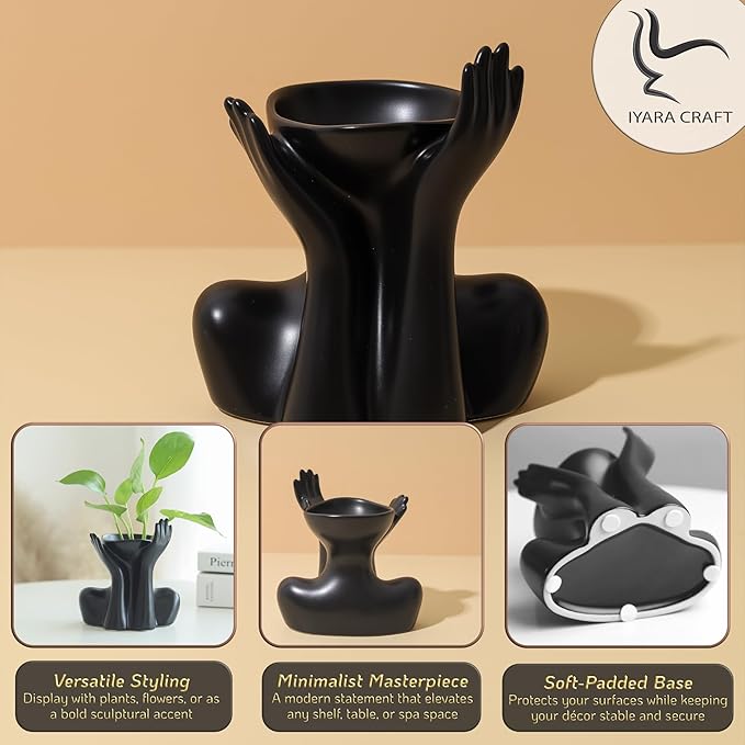 Black Hands Ceramic Vase – Modern Abstract Sculpture Planter for Home & Office Décor – Minimalist Art Piece for Flowers, Succulents, or Standalone Accent Decoration