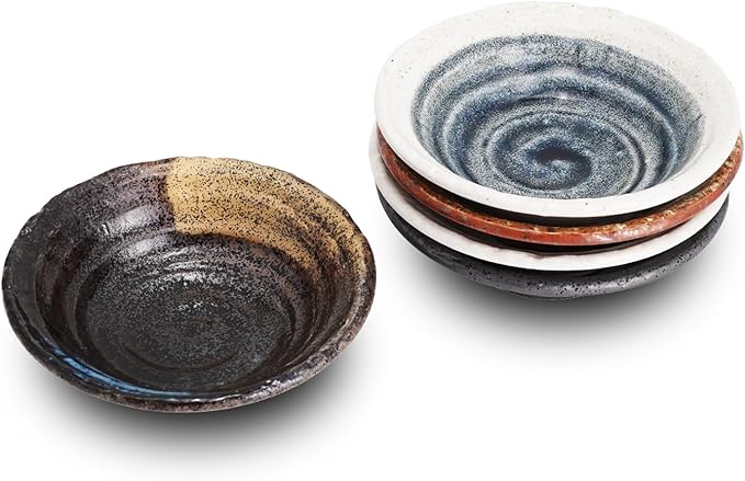 5.3 inches Serving Plates Set of 5, Rough Cut Shape Pottery, Dishwasher and microwave safe,Japanese Traditional Style and Color, Dessert plates, Appetizer Plates, Salad Plates (Deep Plate)