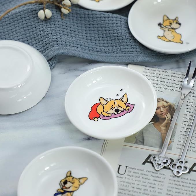 SOCOSY Super Cute Cartoon Animal Pattern Ceramic Sauce/Seasoning/Sushi Soy Dipping Bowl/Appetizer Plates/Serving Dish for Kitchen Home (Set of 6) - Corgi