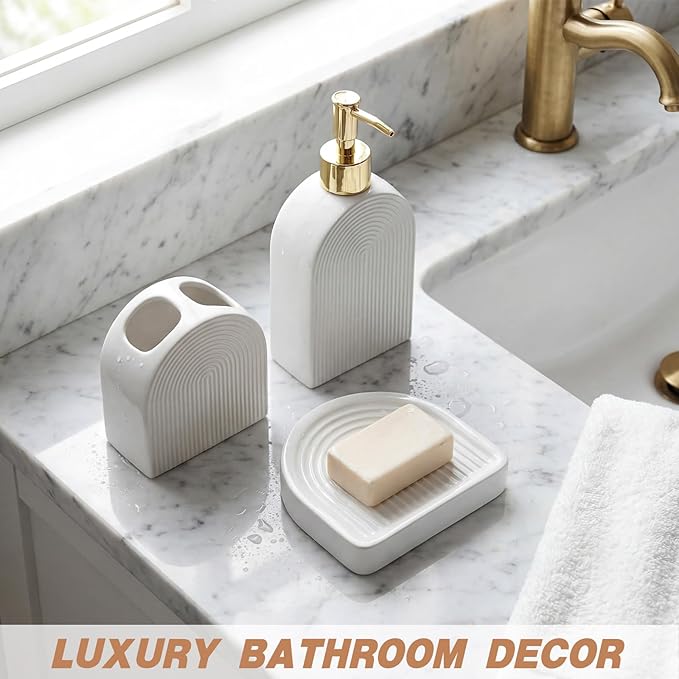Boho Ceramic Bathroom Accessories Sets 3 Pcs Arch Style Bathroom Accessories for Countertop, Soap Dispenser, Toothbrush Holder Soap Holder Decor for Modern Home Decor
