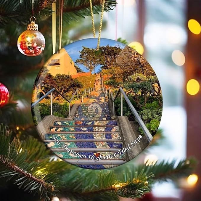 California San Francisco 16 Avenue Tiled Steps USA America Christmas Ornaments Ceramic Round Hanging Pendant Xmas Decor City Travel Souvenirs 3" Porcelain Double Sided