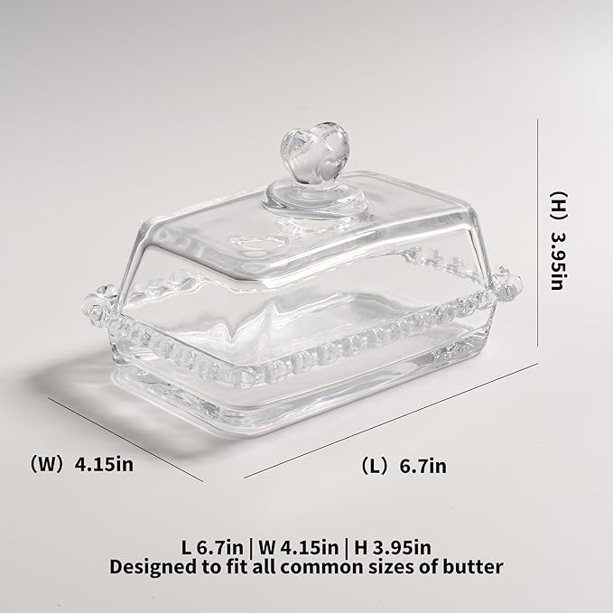 Glass Butter Dish with Heart Lid, Clear Glass Covered Butter Stick Holder Tray, Crystal Butter Storage Container for Fridge Countertop