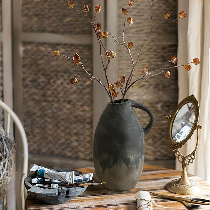 Rustic Ceramic Vase with Handle, Farmhouse Handmade Pottery Vase, Vintage Rustic Vase for Living Room, Kitchen, Home Decor, Thanksgiving, Centerpieces - 9.6 Inch