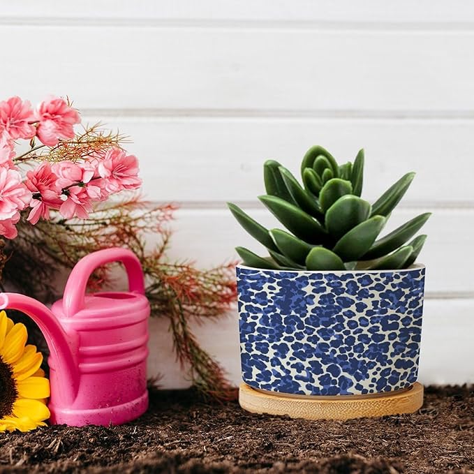 Leopard Purple and White Dot Planters Ceramic African Tribal Animal Print Round Plant Pot with Drainage Holes and Bamboo Tray Pot for Home Office Decoration