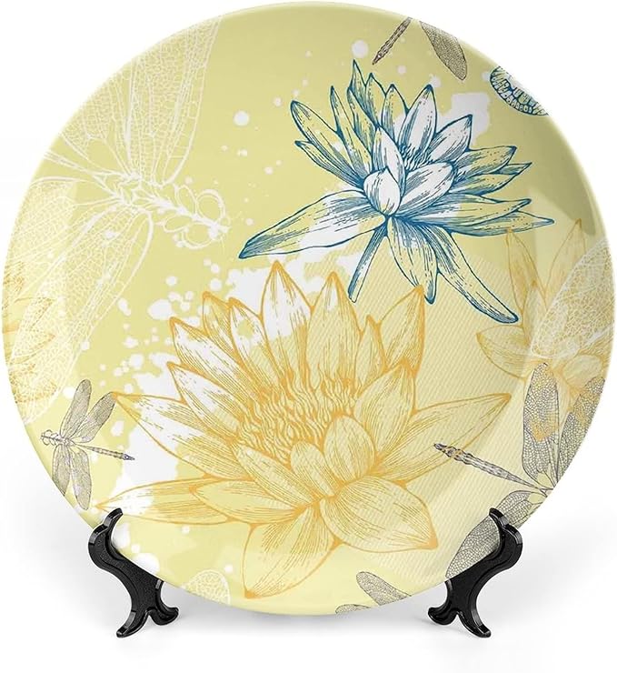 XISUNYA 8 Inch Decorative Plate,Dragonfly Ceramic Craft, Boho Style Plants and Spiritual Dragonflies Sketchy Print Ornament Display Plate Decor Accessory for Dining, Parties, Wedding