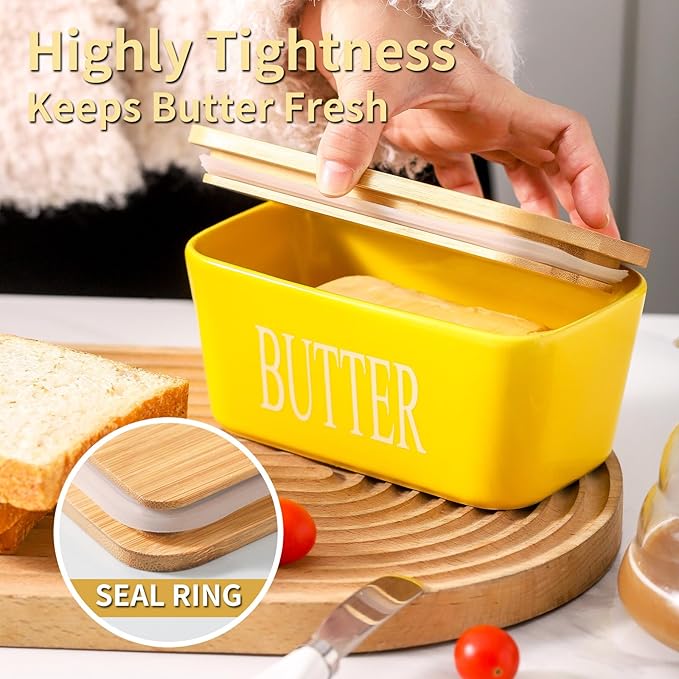 Hasense Porcelain Butter Dish with Lid, Ceramic Butter Dish with Lid Holds For Countertop, Butter Holder with Knife for East West Coast Butter, Airtight Covered Butter Container for Kitchen, Yellow