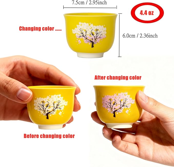 Heat Changing Sensitive Cherry Blossoms Tea Cup, Japanese Style Color Changing Coffee Mug, Unique Magic Coffee Tea Cup for Gift Valentines 4.4 oz/130ml (Yellow)