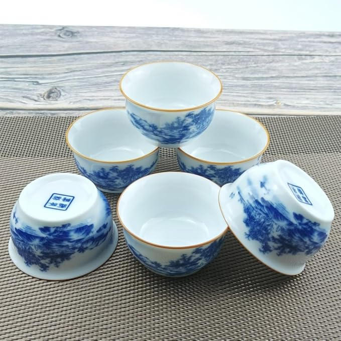 Chinese Handmade Kungfu Tea Cup 60 ml,Bone China Blue and White Tea Cups Set of 12,Ceramic Tea Mugs Without Handles,Best Gift（Landscapes）