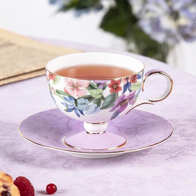 KAMMAK Ceramic Coffee Cups Saucers Set of 2, Porcelain Espresso Cups with Saucers, 6.52 oz Handmade Elegant Bone China Tea Cup, Ceramic Floral Pattern Demitasse for Latte, Americano, Cappuccino