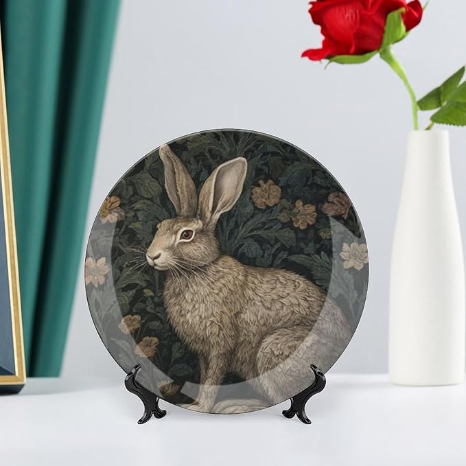Vintage William Morris Rabbit Decorative Plate, Art Nouveau Raven in The Garden Personalized Ceramic Dinner Plate for Festival Wedding Decor, Unique Art with Stand Art Decorations for Home Wall