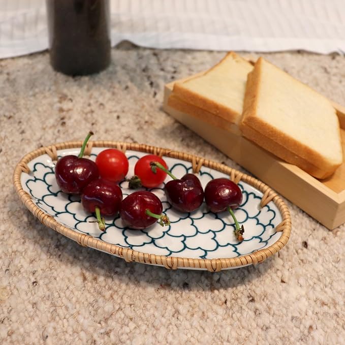 Rattan Ceramic Tray, Oval Fruit/Bread/Cookie/Jewelry Small Storage Porcelain Serving Plate, Vintage Decorative Display Plate for Coffee Table Home Decor Wedding Party Gift (White Cloud)