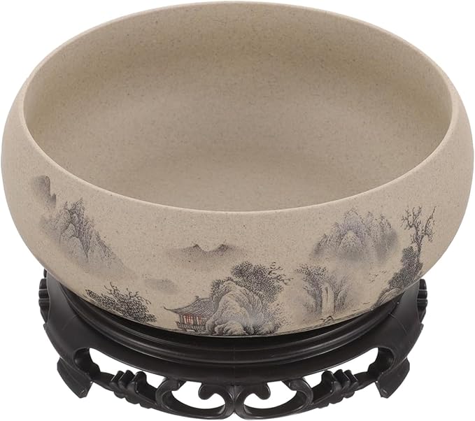 Shallow Planter|Ceramic Planter Round Decorative Chinese Style Bowl Planter with Base Gardening Desktop Ink Painting Outdoor/Indoor Large Planter Pots for Patio Balcony Home