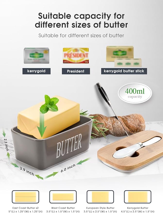 Butter Dish with Lid, Home Decor, Large Butter Dish for Countertop Ceramic Butter Keeper Container with Knife and High Quality Silicone Sealing Butter Box Good Kitchen Gift Grey