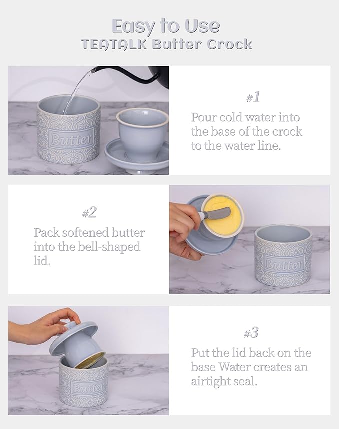 TEATALK Ceramic French Butter Crock - Vintage Relief Pattern Butter Keeper with Water Seal, 6.7oz Sky Blue Butter Dish for Fresh Spreadable Butter, Farmhouse Kitchen Decor & Gift